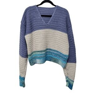 Handmade Chunky Crochet Sweater Oversized Slouchy Cropped V Neck Blue Colorblock